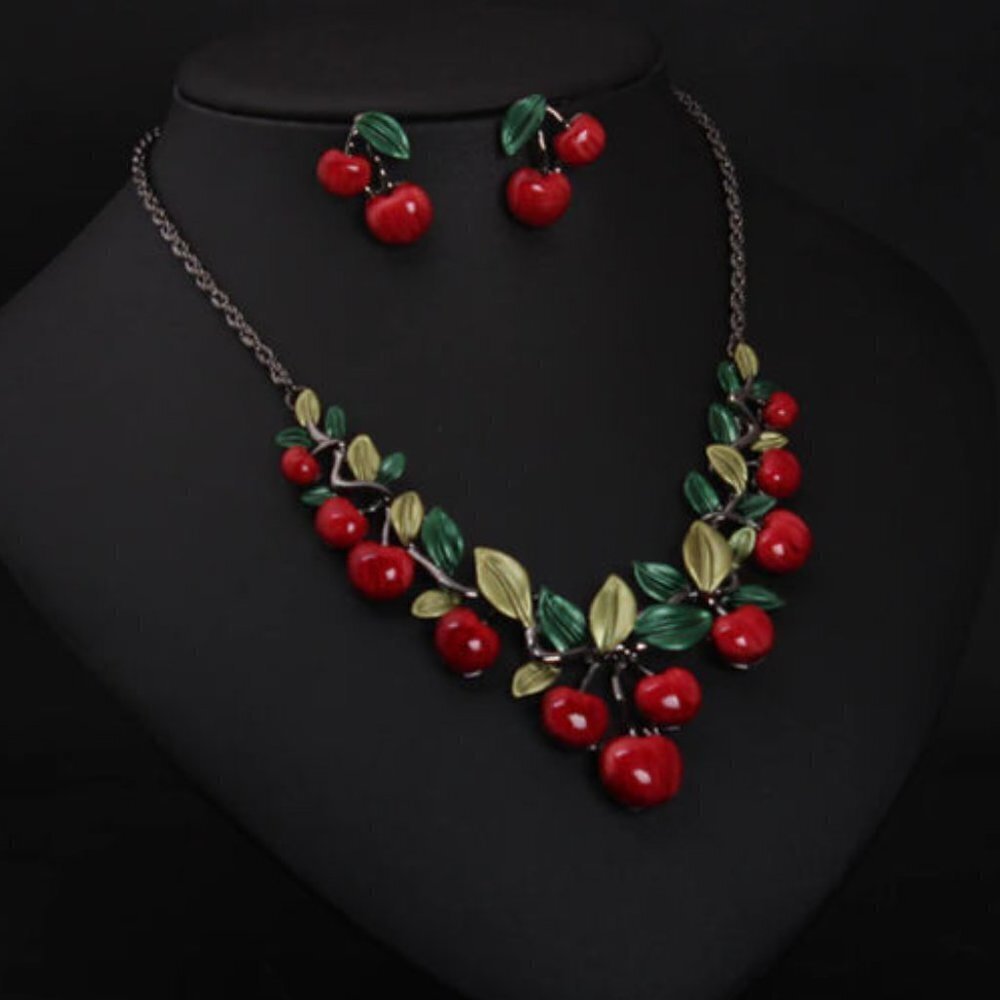 Gorgeous Enamel Cherry Bomb Pie Necklace & Earring Set - NEW